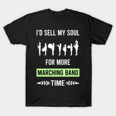 Black t-shirt with white marching band themed design, featuring musicians and bold text, perfect for music enthusiasts.