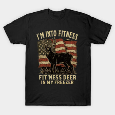 Black t-shirt with vintage-style deer and American flag design, "I'm Into Fitness" humorous text. Casual wear.