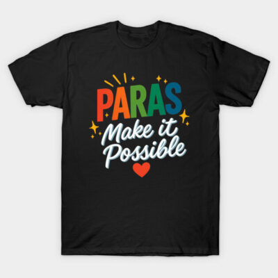 Black T-shirt with colorful "Make it Possible" print, casual style, cotton fabric. Perfect for everyday wear.