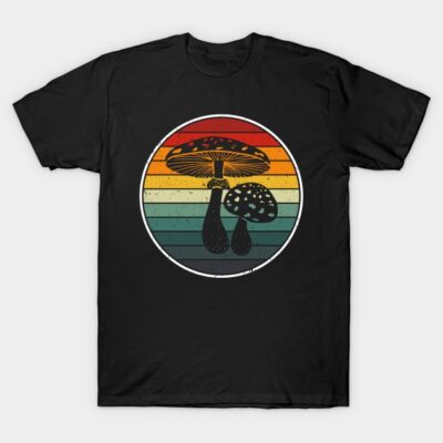 Black t-shirt with retro mushroom design, colorful striped background, casual wear, cotton material.