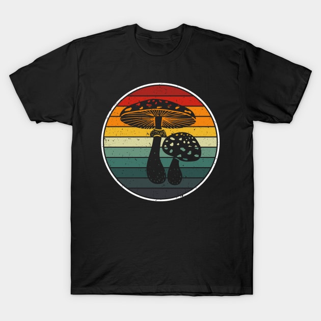 Black t-shirt with retro mushroom design, colorful striped background, casual wear, cotton material.