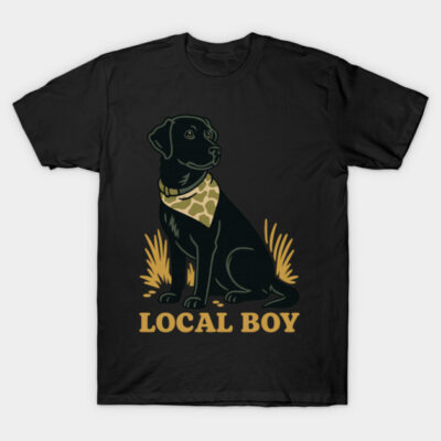 Black t-shirt featuring a graphic of a black dog with bandana and "Local Boy" text, perfect for casual wear.