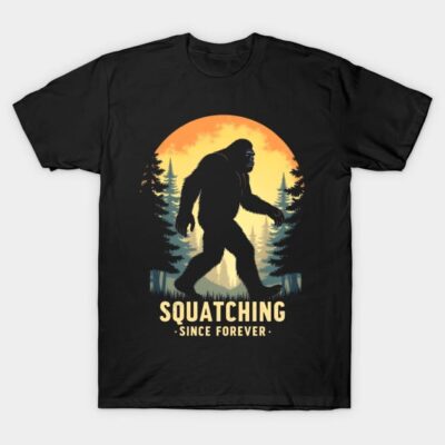 Black "Squatching Since Forever" t-shirt with Bigfoot silhouette design, perfect for casual wear and outdoor enthusiasts.
