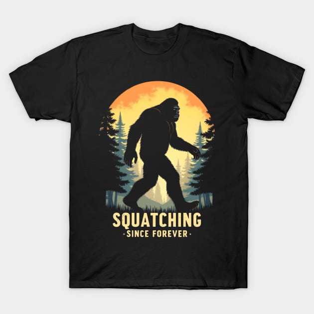 Black "Squatching Since Forever" t-shirt with Bigfoot silhouette design, perfect for casual wear and outdoor enthusiasts.