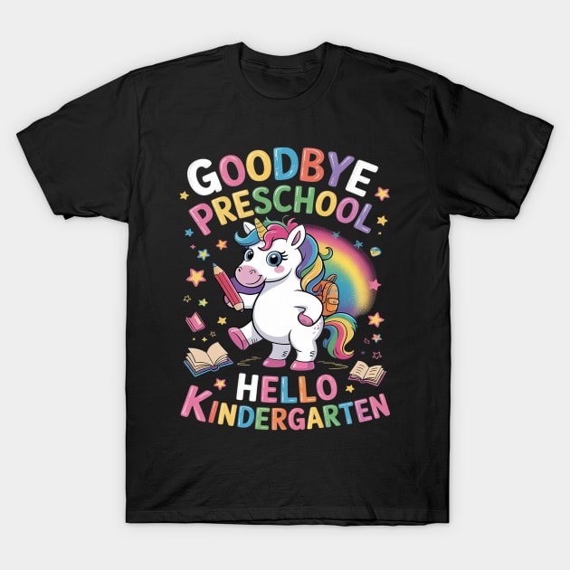 Black t-shirt with colorful unicorn design, "Goodbye Preschool, Hello Kindergarten" text, perfect for school transition.