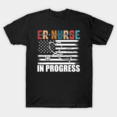 Black ER Nurse t-shirt with American flag and stethoscope design, perfect for healthcare professionals and casual wear.