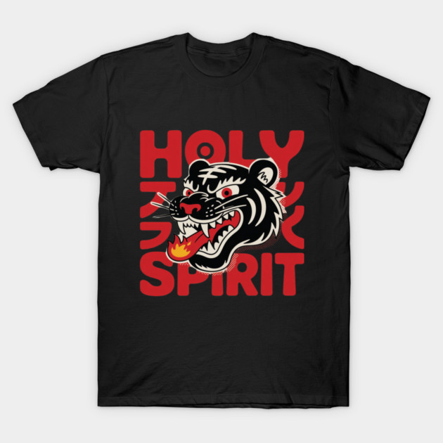 Black t-shirt featuring bold red "Holy Spirit" text and a fierce tiger head graphic, perfect for casual wear.