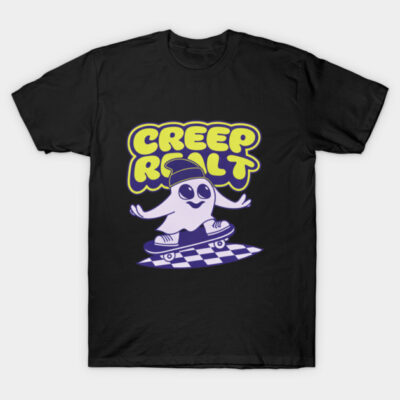 Black t-shirt with a playful ghost graphic skateboarding, featuring "Creep Real" text in bold yellow and purple design.