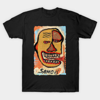 Black t-shirt featuring abstract face art design with vibrant colors, casual style, suitable for everyday wear.