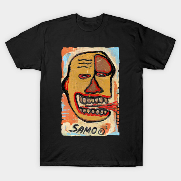 Black t-shirt featuring abstract face art design with vibrant colors, casual style, suitable for everyday wear.