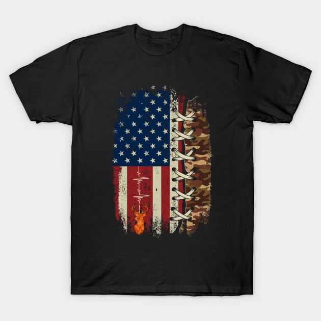Black T-shirt with American flag, camo design, and deer print; casual wear, 100% cotton, unisex style.