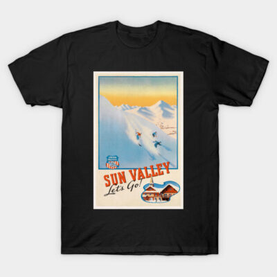 Black t-shirt with vintage "Sun Valley Let's Go!" skiing graphic, ideal for casual wear and outdoor enthusiasts.