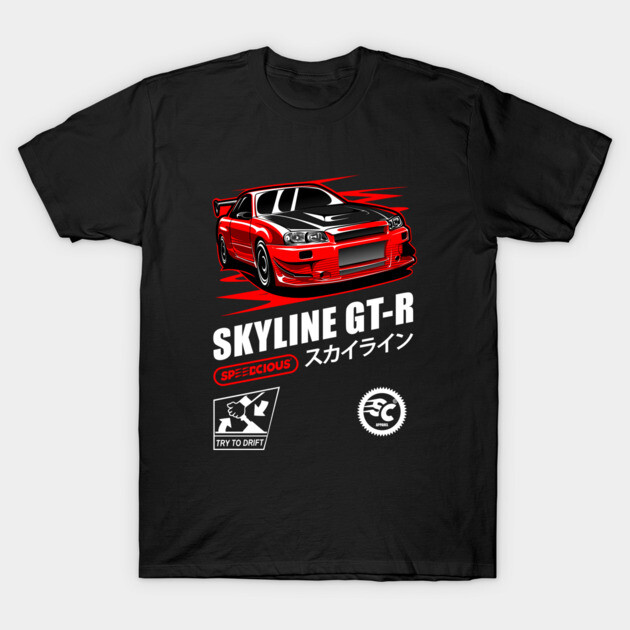 Red Nismo GT-R T-Shirt 1 Black t-shirt featuring a red sports car graphic with "Skyline GT-R" text, ideal for car enthusiasts and casual wear.