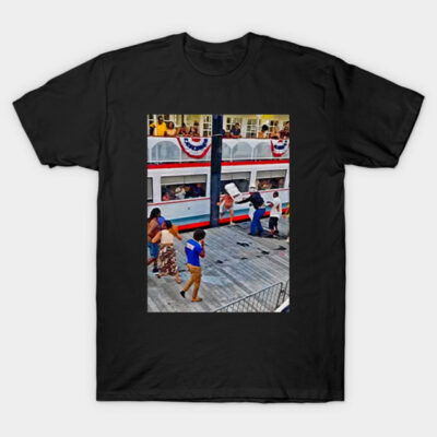 Black cotton t-shirt featuring a colorful boat scene graphic, casual wear, unisex style, perfect for daily use.