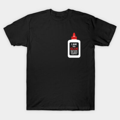 Black cotton t-shirt with humorous glue bottle graphic, perfect for casual wear or gifting.