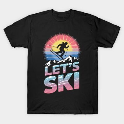 Black "Let's Ski" graphic t-shirt with colorful sunset design, featuring a skier silhouette and mountain backdrop.