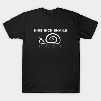 Black T-shirt with "Nine Inch Snails" graphic, casual style, soft cotton fabric, ideal for everyday wear.