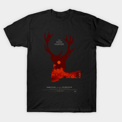 Black graphic T-shirt with red deer silhouette, nature scene, and text. Casual wear, cotton material, unisex style.