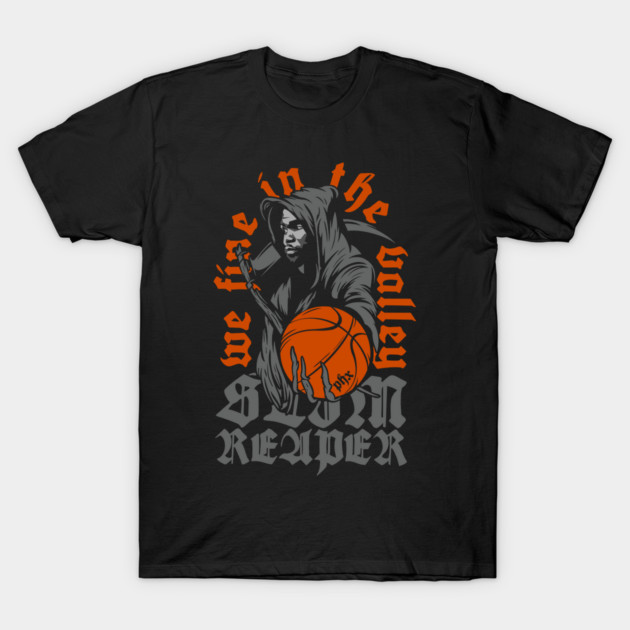 Black graphic t-shirt with orange and gray design featuring basketball and text, casual streetwear style.