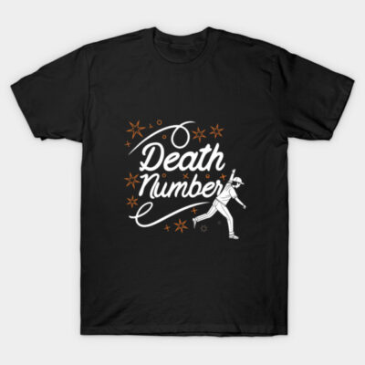 Black t-shirt with "Death Number" graphic, featuring white and orange design elements, casual style, cotton material.