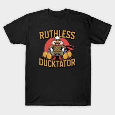 Black graphic t-shirt featuring a cartoon duck character with text "Ruthless Ducktator," casual style, cotton material.