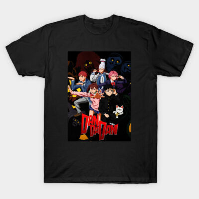 Black T-shirt featuring colorful anime design with characters and bold text, perfect for casual wear or anime fans.