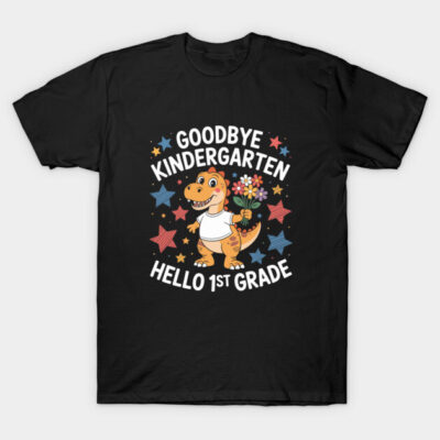 Black t-shirt featuring a playful dinosaur graphic and "Goodbye Kindergarten, Hello 1st Grade" text, perfect for kids.