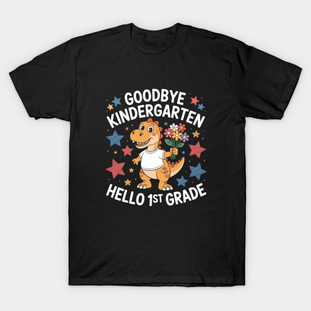 Black t-shirt featuring a playful dinosaur graphic and "Goodbye Kindergarten, Hello 1st Grade" text, perfect for kids.