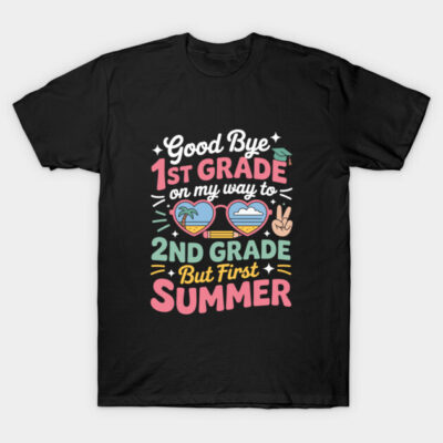 Black t-shirt with colorful "Goodbye 1st Grade, Hello 2nd Grade" summer-themed print, casual cotton style.