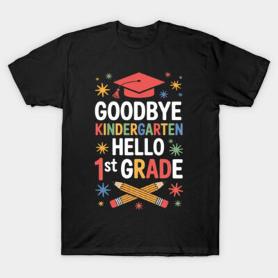 Black t-shirt with colorful "Goodbye Kindergarten, Hello 1st Grade" text and graphics, perfect for school transition.