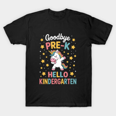Black t-shirt with colorful "Goodbye Pre-K Hello Kindergarten" unicorn design, ideal for school transitions.