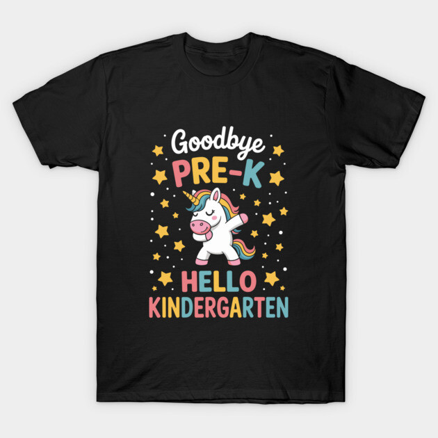 Black t-shirt with colorful "Goodbye Pre-K Hello Kindergarten" unicorn design, ideal for school transitions.