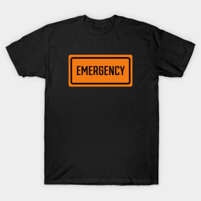 Black t-shirt with orange "EMERGENCY" text, casual style, 100% cotton, unisex, perfect for everyday wear.