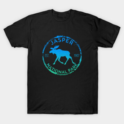 Black t-shirt with blue-green "Jasper National Park" moose graphic, casual style, cotton material, unisex design.