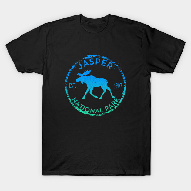Black t-shirt with blue-green "Jasper National Park" moose graphic, casual style, cotton material, unisex design.