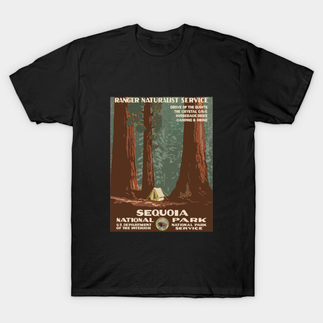 Black Sequoia National Park graphic t-shirt, featuring vintage camping and forest design, perfect for outdoor enthusiasts.