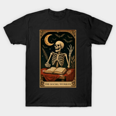 Black graphic T-shirt featuring skeleton design with book and moon, ideal for casual wear.