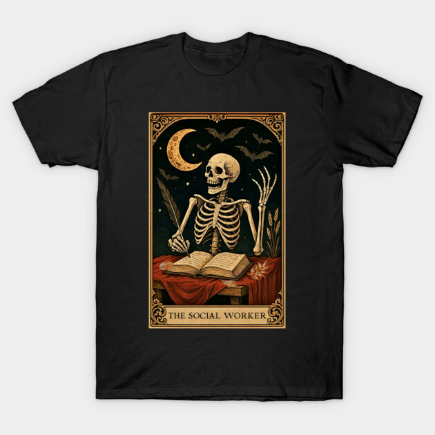 Black graphic T-shirt featuring skeleton design with book and moon, ideal for casual wear.