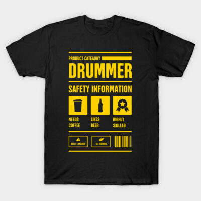 Black drummer-themed T-shirt with yellow print, featuring fun graphics and text. Ideal for music enthusiasts, cotton material.