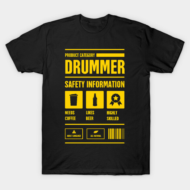 Black drummer-themed T-shirt with yellow print, featuring fun graphics and text. Ideal for music enthusiasts, cotton material.