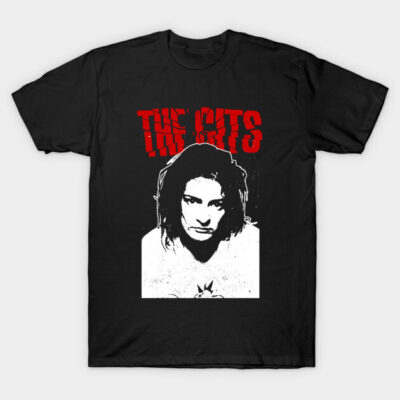Black graphic t-shirt with bold red text and monochrome design, casual style, suitable for everyday wear.
