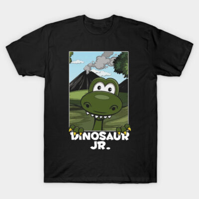 Black T-shirt featuring a cartoon dinosaur with text "Dinosaur Jr.", perfect for casual wear and dinosaur enthusiasts.