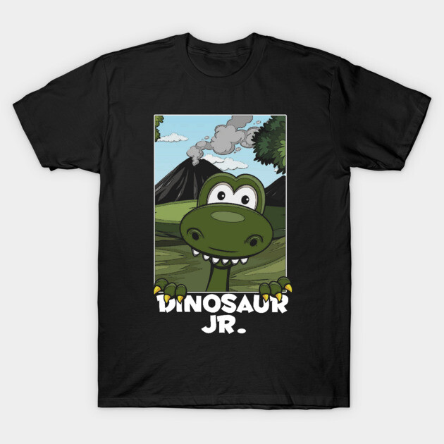 Black T-shirt featuring a cartoon dinosaur with text "Dinosaur Jr.", perfect for casual wear and dinosaur enthusiasts.
