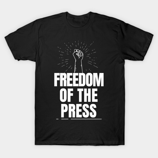 Black "Freedom of the Press" t-shirt, featuring raised fist design, cotton material, casual style for statement wear.