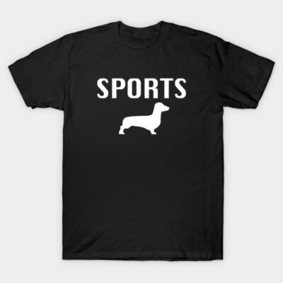Black t-shirt with white "SPORTS" text and dachshund silhouette, casual style, cotton material, unisex design.