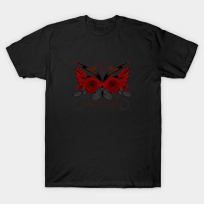 Black T-shirt with red rose and wing design, casual style, cotton material, ideal for everyday wear.
