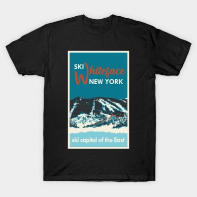 Black t-shirt featuring vintage-style Whiteface New York ski graphic, ideal for winter sports enthusiasts and casual wear.