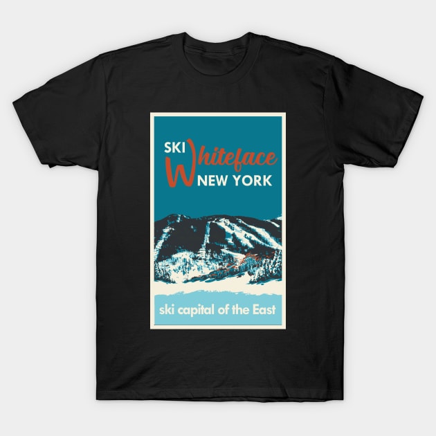 Black t-shirt featuring vintage-style Whiteface New York ski graphic, ideal for winter sports enthusiasts and casual wear.