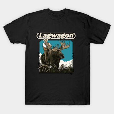 Black Lagwagon t-shirt featuring a vintage moose graphic design, ideal for casual wear and music fans.
