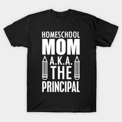 Black unisex t-shirt with "Homeschool Mom A.K.A. The Principal" text design, casual wear, cotton material.